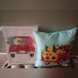 Sumner SunshineBundle, Red Truck Canvas Wall hanging 15 x 11 1/2 & Pillow 16x16
